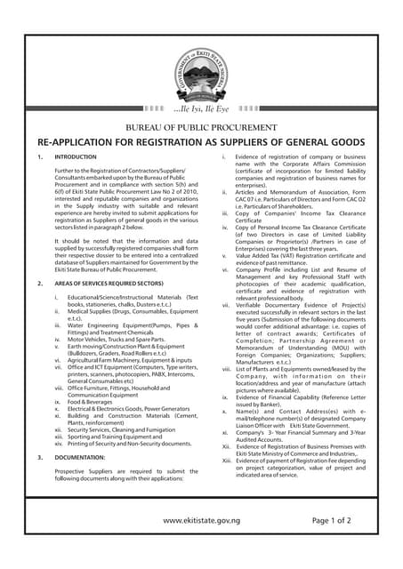 TENDERS: Re-Application For Registration As Suppliers Of General Goods