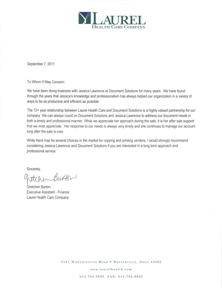 Reference Letter Laurel Health Care Company
