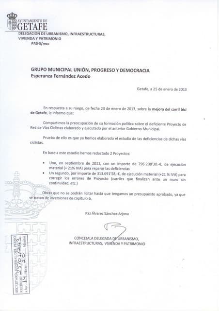 Respuesta al ruego sobre la mejora del carril bici