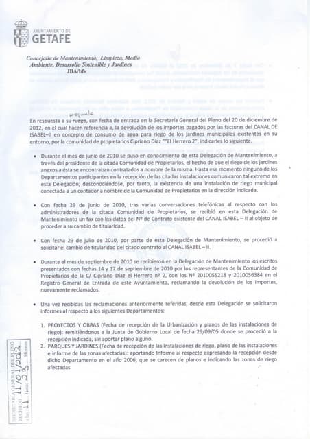 Respuesta a la pregunta sobre la deuda con la comunidad de vecinos "El Herrero 2"