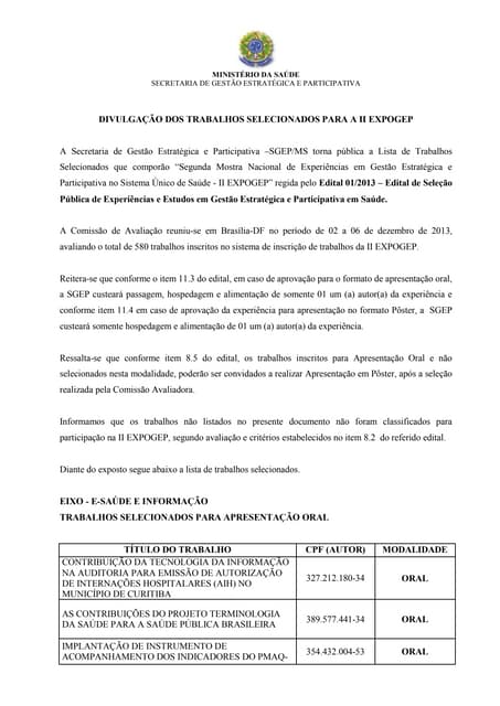 Resultado da seleção dos trabalhos para II EXPOGEP