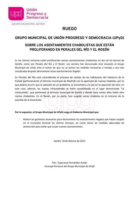 Ruego sobre asentamientos chabolistas en Getafe