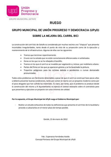 Ruego sobre la mejora del carril bici