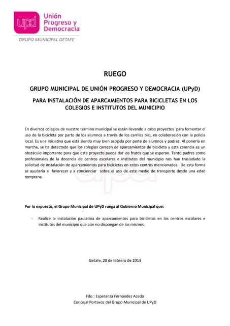 Ruego sobre aparcamientos para bicis en centros escolares e institutos