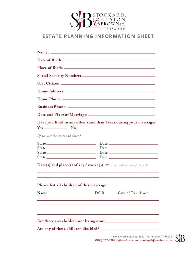 Printables Estate Planning Worksheet estate planning information sheet