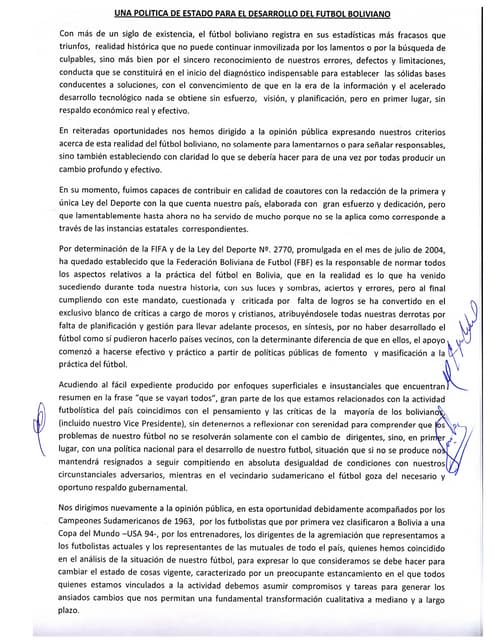 Una política de estado para el desarrollo del futbol boliviano
