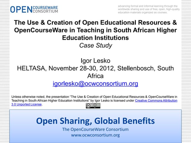 Igor Lesko: The Use & Creation of Open Educational Resources & OpenCourseWare in Teaching in South African Higher Education Institutions (Case Study)