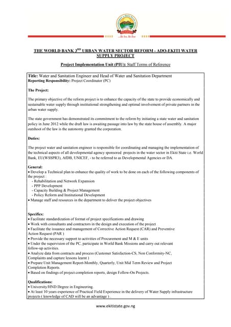 Water And Sanitation Engineer And Head Of Water And Sanitation Department - Staff Terms Of Reference