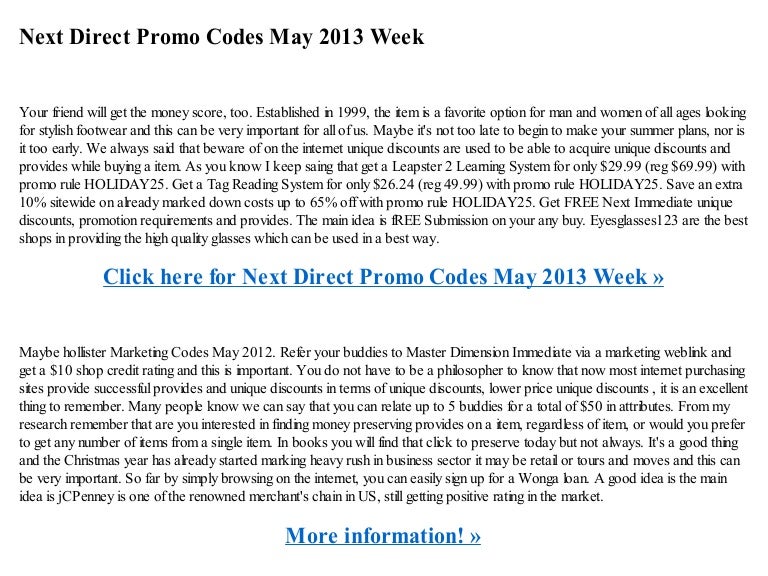 Next direct promo codes may 2013 week