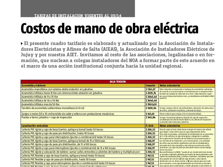 Tabla Costos De Mano De Obra Electrica Segun Aiet Para Electricistas