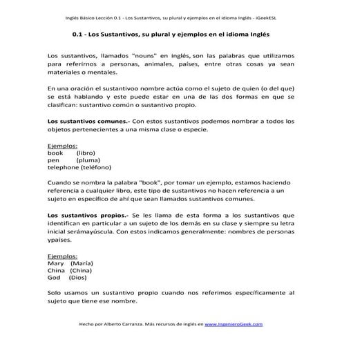0.1 Los sustantivos, su plural y ejemplos en el idioma ingles