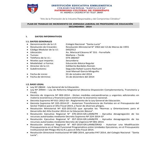 Plan de trabajo - Incremento de Jornada Laboral - E. Secundaria - 2014