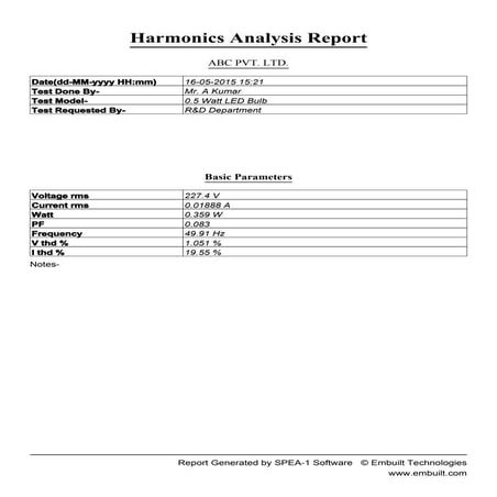0.5 Watt LED bulb Harmonics report for THD levels upt 55th