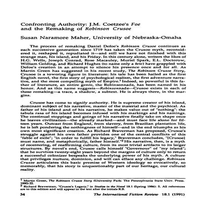 Confronting Authority: J.M. Coetzee's Foe and the Remaking of Robinson Crusoe 