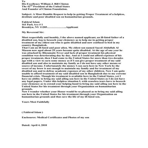 00.  Letter To  His  Excellency  Ex  President  Bill  Clinton