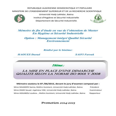 La Mise en place d'une demarche qualité selon la norme iso 9001 version 2008