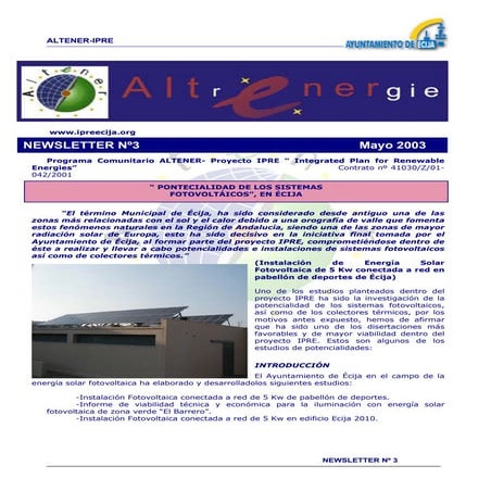 Newsletter Mayo 2003 “ PONTECIALIDAD DE LOS SISTEMAS FOTOVOLTÁICOS”, EN ÉCIJA