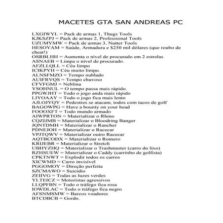 Gta San Andreas ps2 Todos Os Codigos Truques Senhas Esquemas e Manhas  Maismacetes PDF, PDF, Computação e Tecnologia da Informação