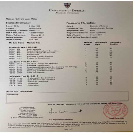 Durham Official Academic Transcript