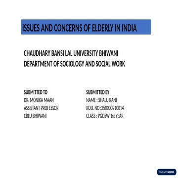 issues and concerns of elderly in india in social work | PPTX