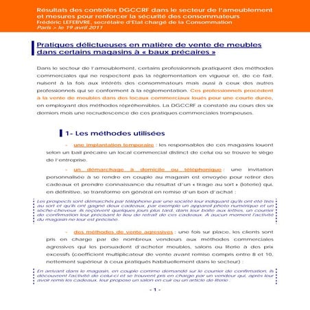 Résultats des contrôles  dans le secteur de l’ameublement 