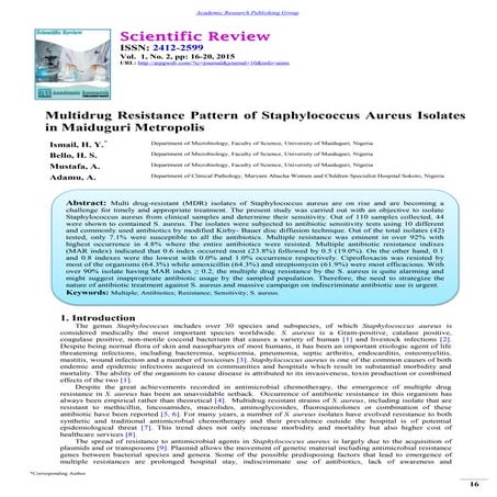 Multidrug Resistance Pattern of Staphylococcus Aureus Isolates in Maiduguri M...