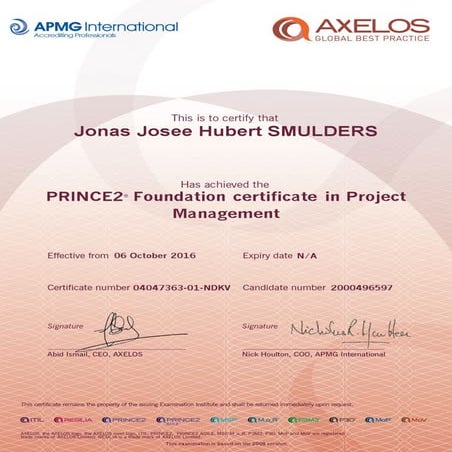 Certificate PRINCE 2 Foundation