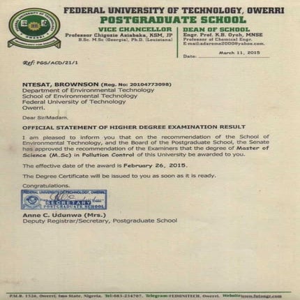 M.Sc Statement of Result