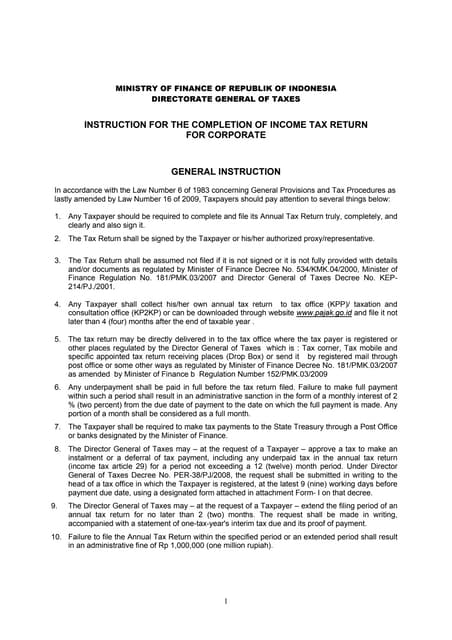 Instruction For The Completion Of Income Tax Return For Corporate