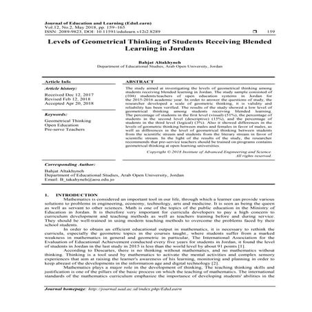 Levels of Geometrical Thinking of Students Receiving Blended Learning in Jordan