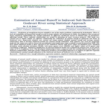 Estimation of Annual Runoff in Indravati Sub Basin of Godavari River using St...
