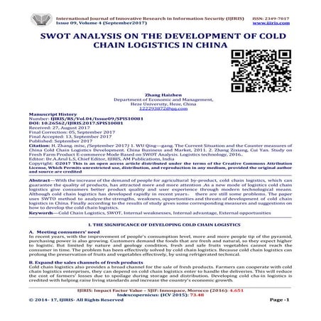 SWOT ANALYSIS ON THE DEVELOPMENT OF COLD CHAIN LOGISTICS IN CHINA | PDF