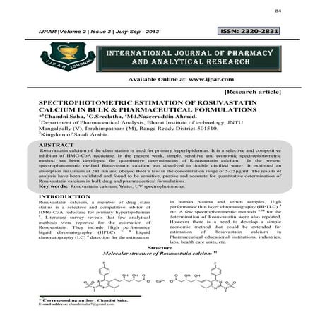 Spectrophotometric Estimation of Rosuvastatin Calcium in Bulk and Pharmaceuti...