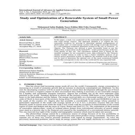 Study and Optimization of a Renewable System of Small Power Generation