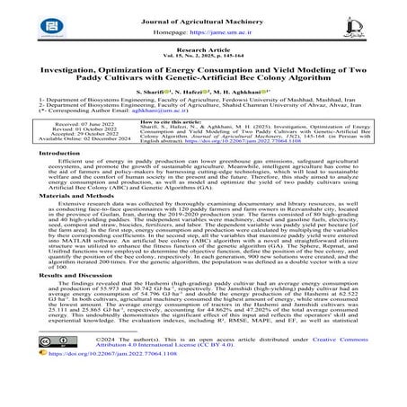 Investigation, Optimization of Energy Consumption and Yield Modeling of Two Paddy Cultivars with Genetic-Artificial Bee Colony Algorithm