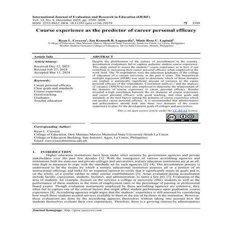 Course experience as the predictor of career personal efficacy