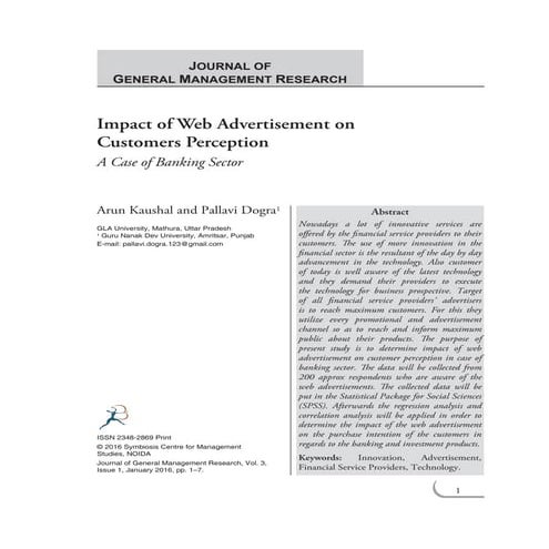 Impact of Web Advertisement on Customers Perception - A Case of Banking Sector
