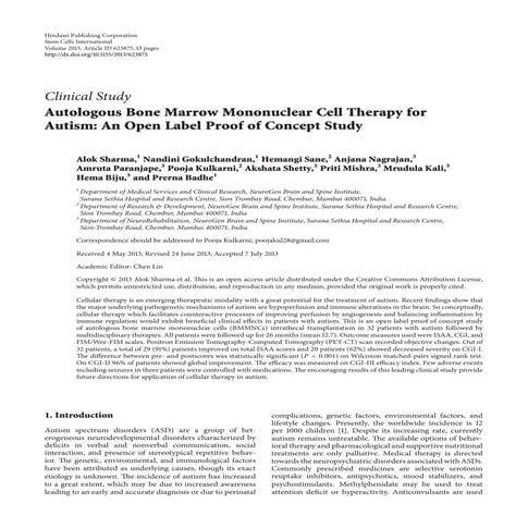 Autologous Bone Marrow Mononuclear Cell Therapy for Autism: An Open Label Pro...