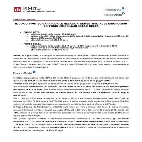 FIMIT Company profile 2010 - FIMIT SGR Fondi Immobiliari Italiani | PDF