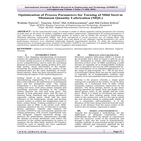 Optimization of Process Parameters for Turning of Mild Steel in Minimum Quant...