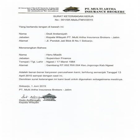 Surat Pengalaman Kerja Supervisor Finance