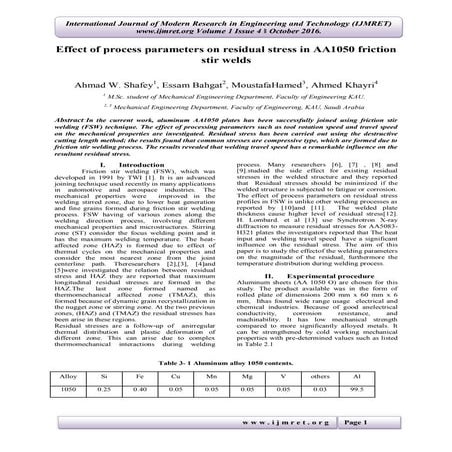 Effect of process parameters on residual stress in AA1050 friction stir welds