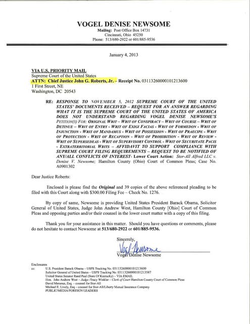 01/04/13  RESPONSE To 11/05/12 US Supreme Court Documents Returned