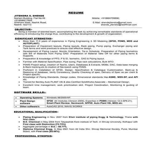 Resume of Jitendra Shende for the post of Piping Engineer