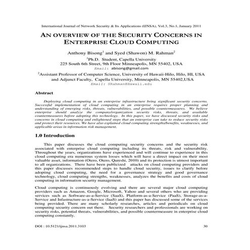 AN OVERVIEW OF THE SECURITY CONCERNS IN ENTERPRISE CLOUD COMPUTING