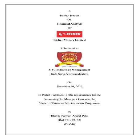 A Project Report On Financial Analysis Of Eicher Motors Limited