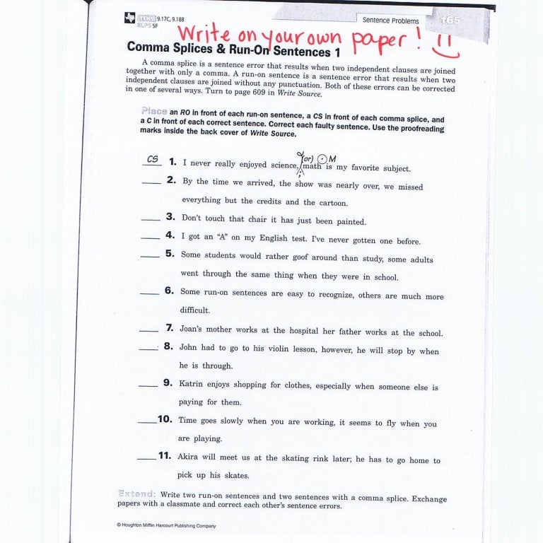Run Ons And Comma Splices Practice 1