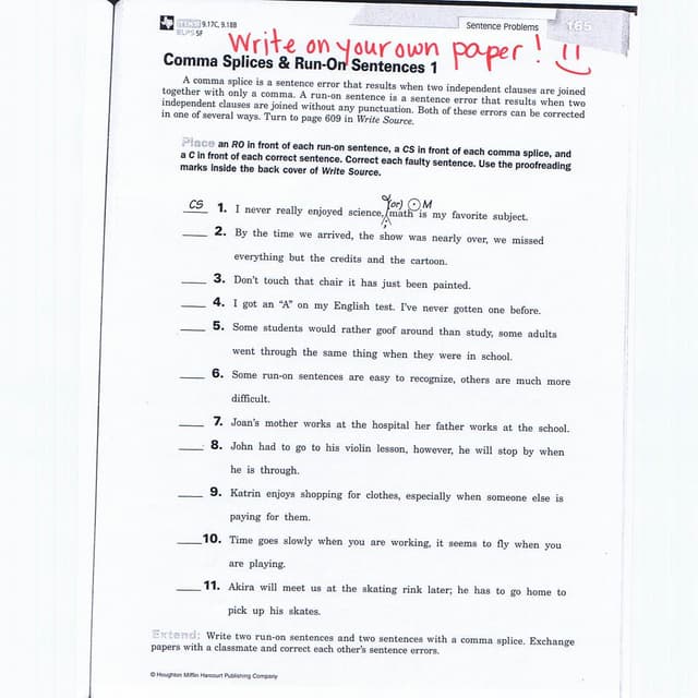 Run ons and comma splices practice #1 