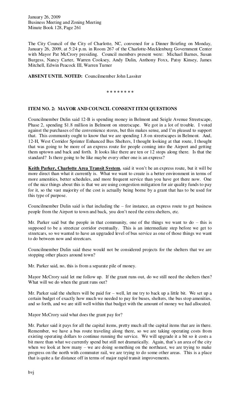 charlotte city council meeting minutes january 26 2009