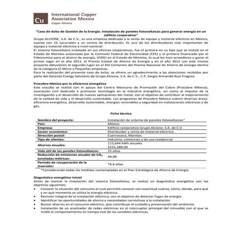 Resumen ejecutivo: Caso de Éxito Gestión de la Energía. Instalación de panele...